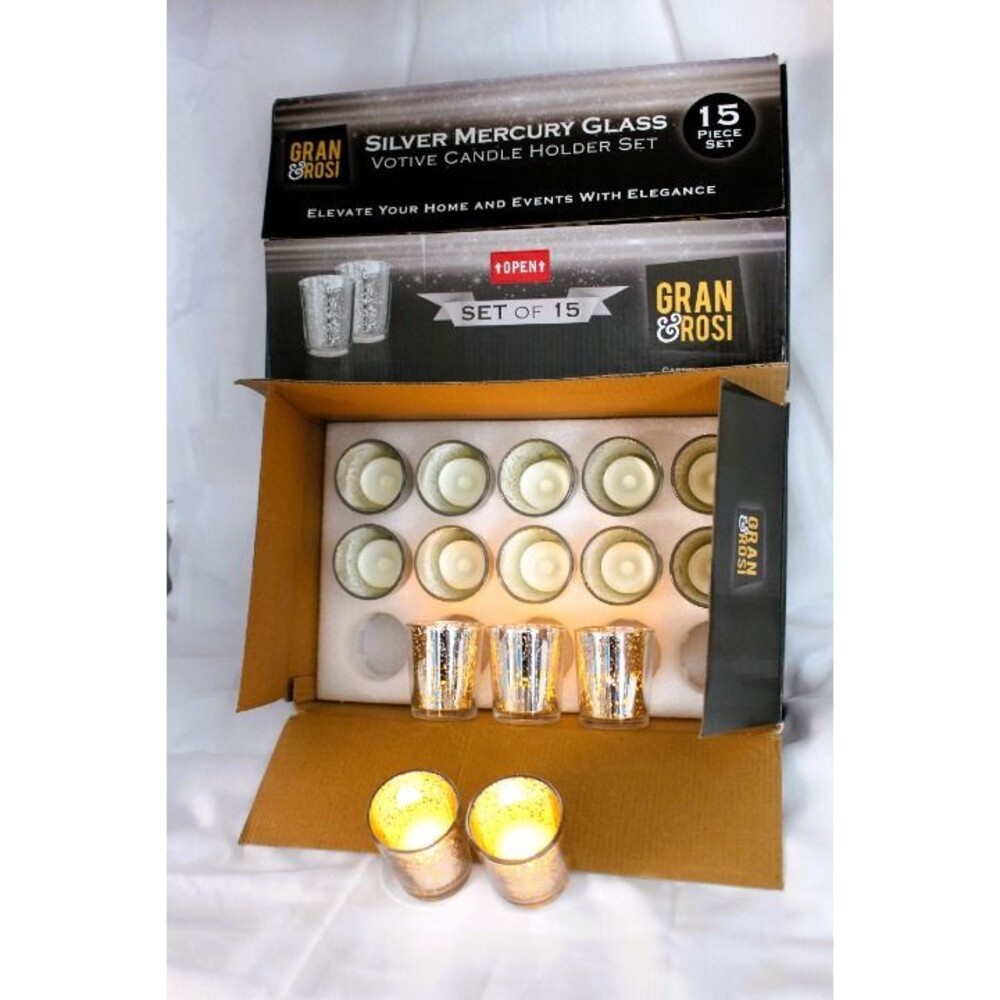 1 Set, 2 Avail of Gran&Rosi Silver Mercury Glass Votive Tealight 15ct Set 1xUse